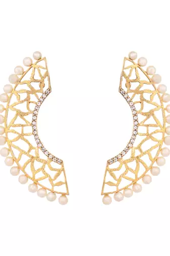 gold plated zircon studded & pearl beaded contemporary shaped statement stud earrings