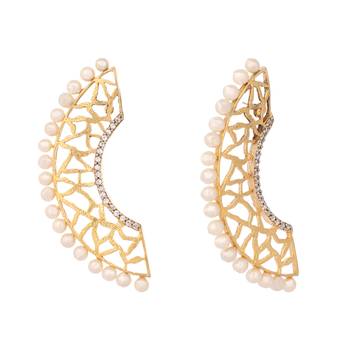 gold plated zircon studded & pearl beaded contemporary shaped statement stud earrings 4
