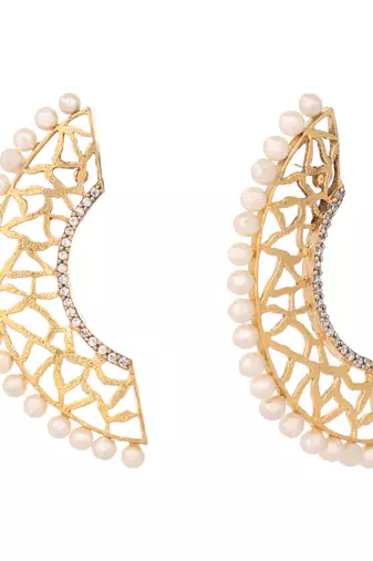 gold plated zircon studded & pearl beaded contemporary shaped statement stud earrings