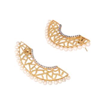 gold plated zircon studded & pearl beaded contemporary shaped statement stud earrings 5