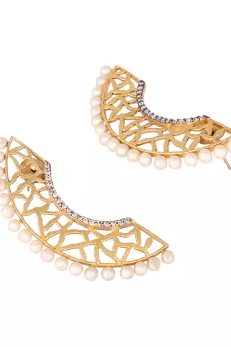 gold plated zircon studded & pearl beaded contemporary shaped statement stud earrings