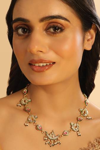 gold plated regal enamel bloom pearl drop necklace