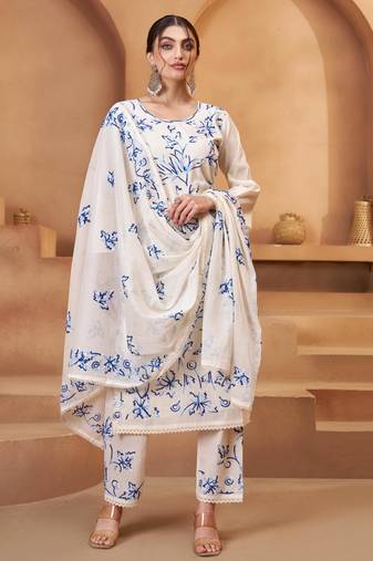 Off White Cotton Jute Work Embroidered Salwar Kameez Semi Stiched