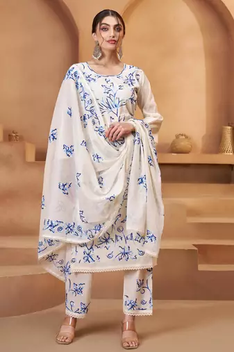 Off White Cotton Jute Work Embroidered Salwar Kameez Semi Stiched