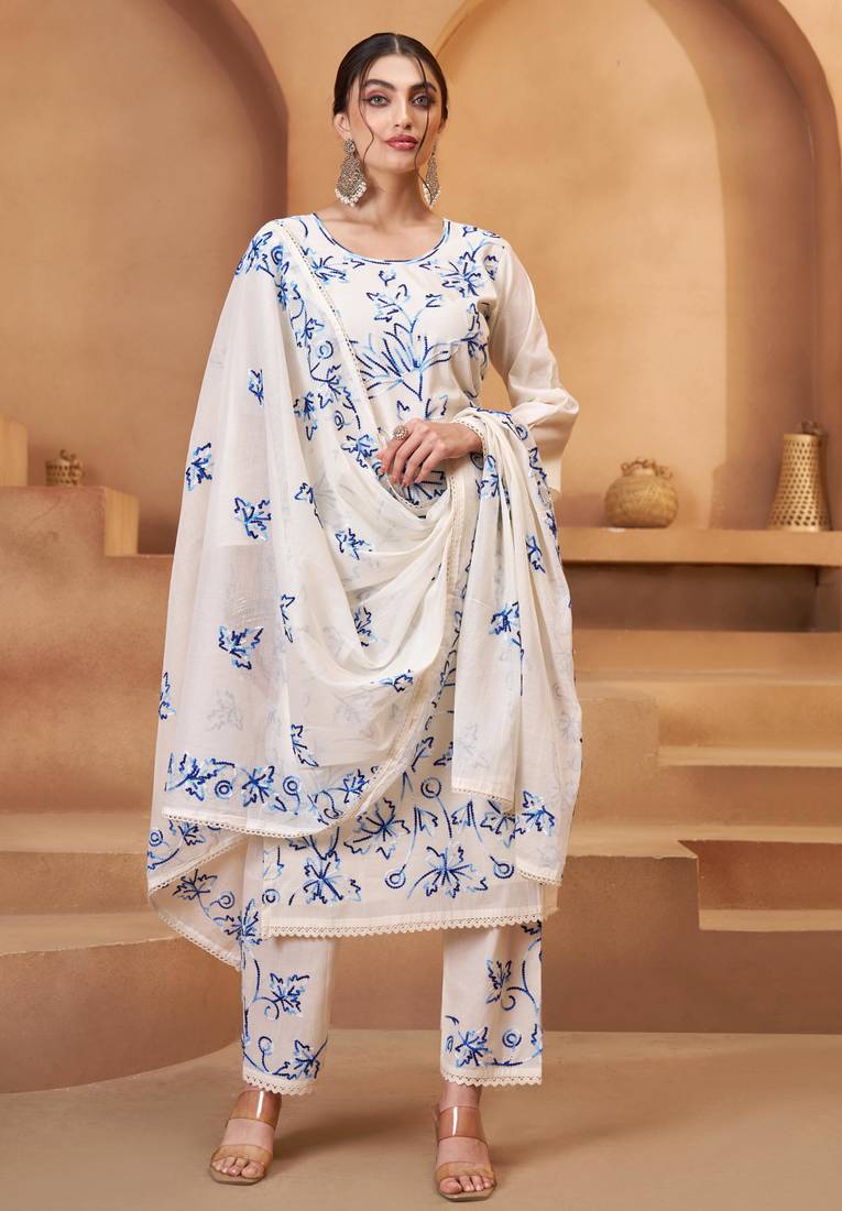Off White Cotton Jute Work Embroidered Salwar Kameez Semi Stiched