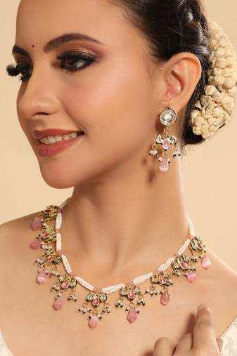 gold plated pearl empress flora pink stone drops necklace set