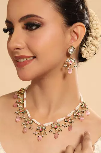 gold plated pearl empress flora pink stone drops necklace set