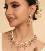 gold plated pearl empress flora pink stone drops necklace set