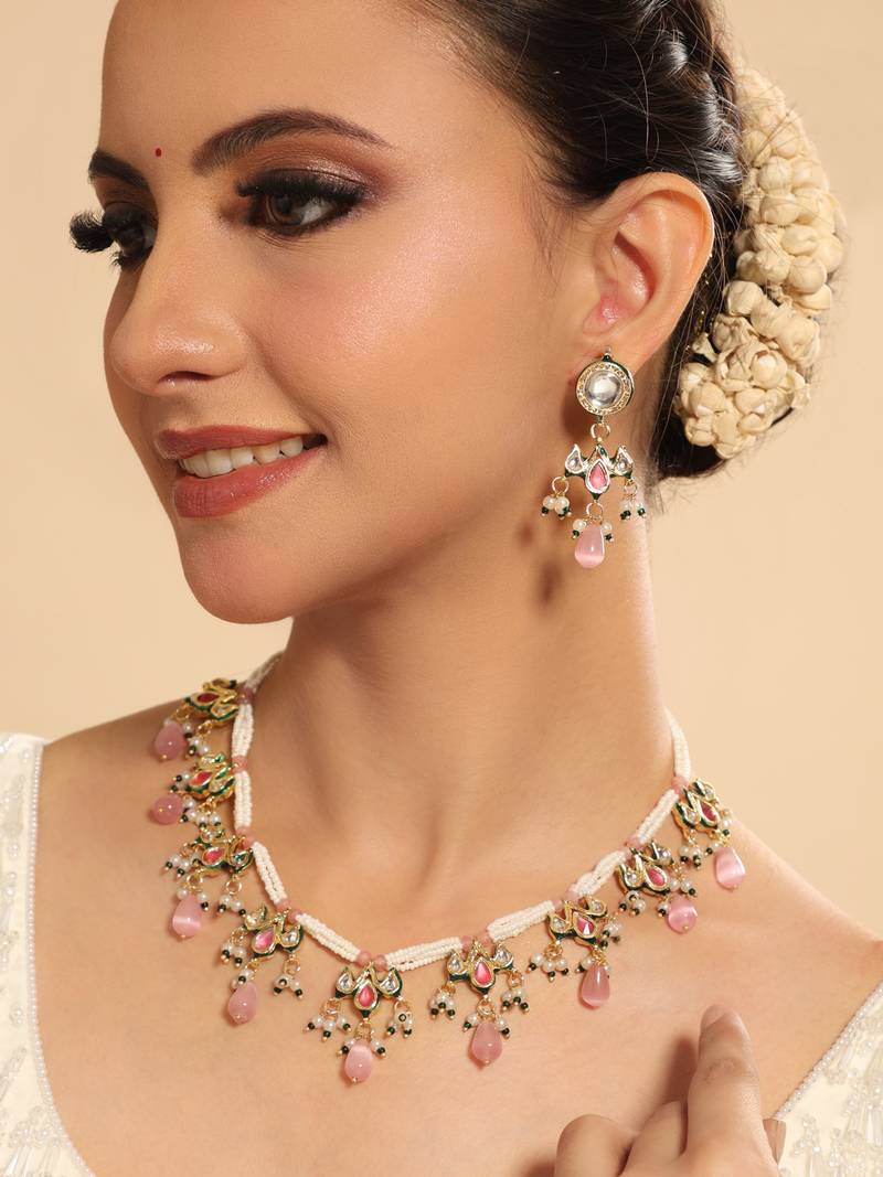 gold plated pearl empress flora pink stone drops necklace set