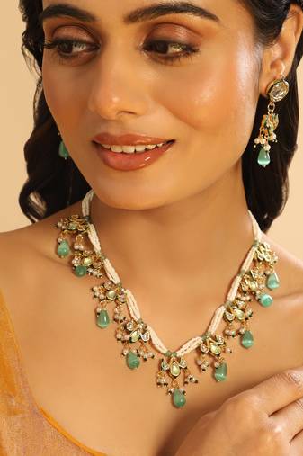 gold plated pearl empress flora green stone drops necklace set
