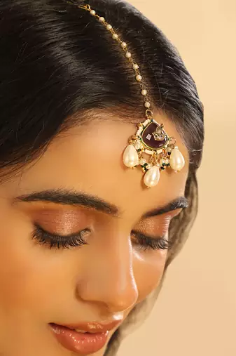 gold plated ruby grace maang tikka & earrings set