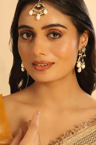 gold plated ruby grace maang tikka & earrings set