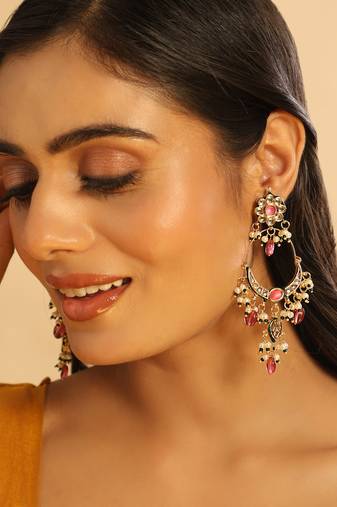 gold plated crescent kundan drop pink stone chandbali earrings