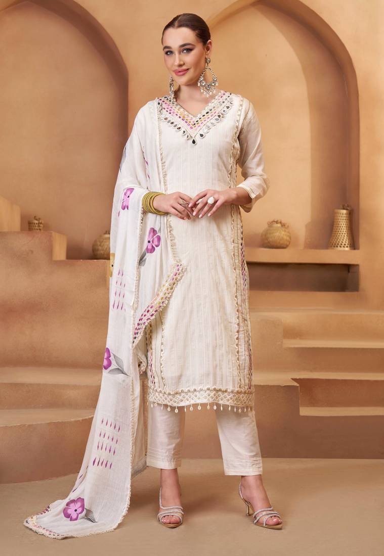 Off White Cotton Jute Work Embroidered Salwar Kameez Semi Stiched