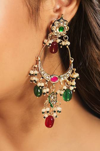 gold plated crescent kundan drop red stone chandbali earrings