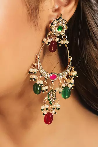 gold plated crescent kundan drop red stone chandbali earrings