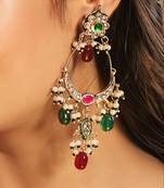 gold plated crescent kundan drop red stone chandbali earrings