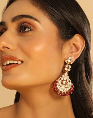 gold plated serenoor ruby kundan chandbali earrings 1