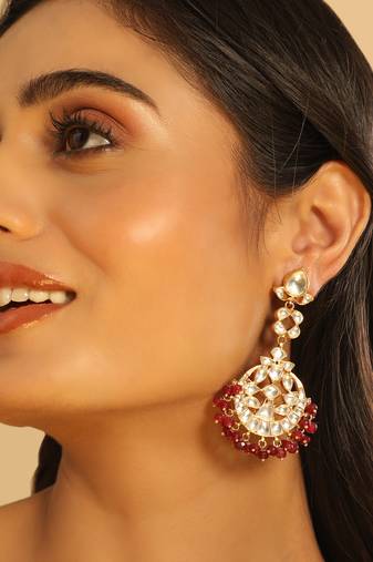 gold plated serenoor ruby kundan chandbali earrings