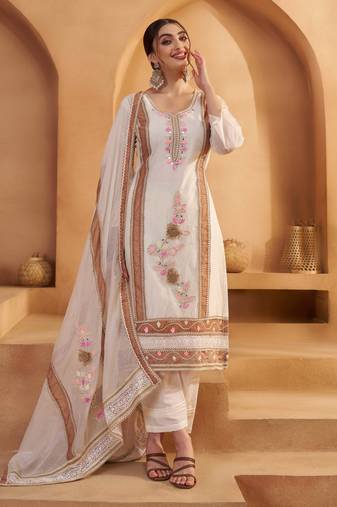 Off White Cotton Jute Work Embroidered Salwar Kameez Semi Stiched