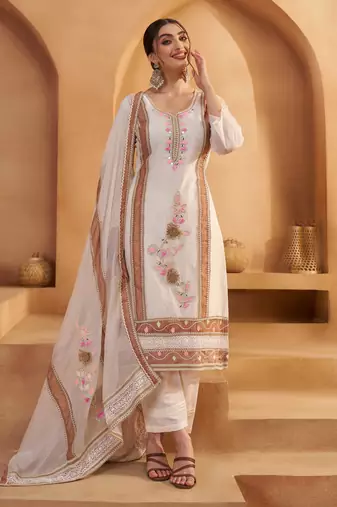 Off White Cotton Jute Work Embroidered Salwar Kameez Semi Stiched