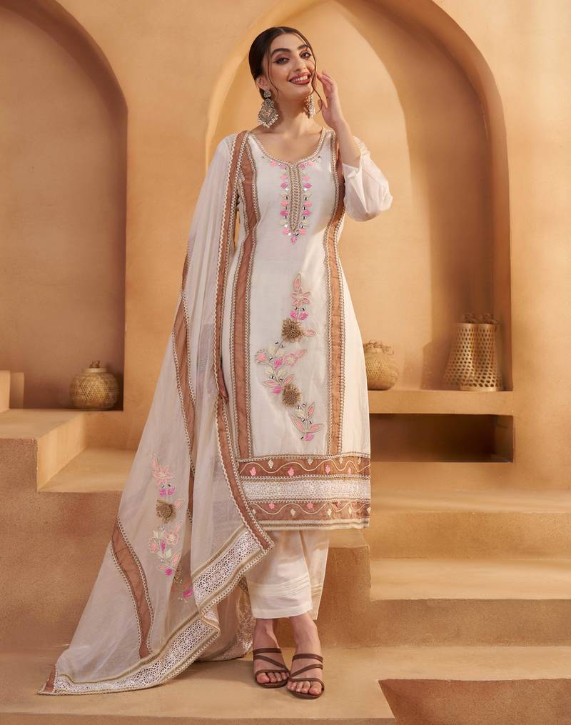 Off White Cotton Jute Work Embroidered Salwar Kameez Semi Stiched