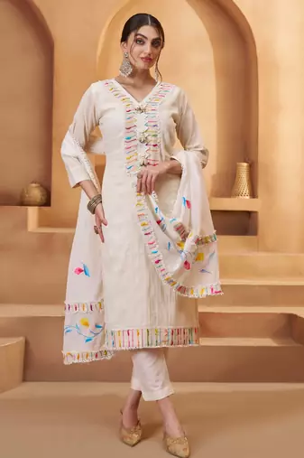Off White Cotton Jute Work Embroidered Salwar Kameez Semi Stiched