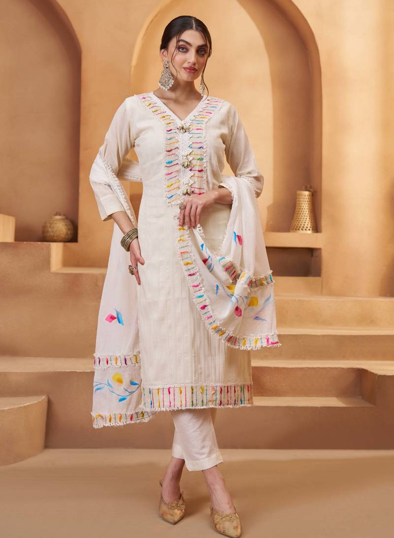 Off White Cotton Jute Work Embroidered Salwar Kameez Semi Stiched