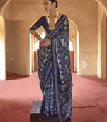 Navy blue poly viscose silk patola printed saree with heavy dimond swarovski work border