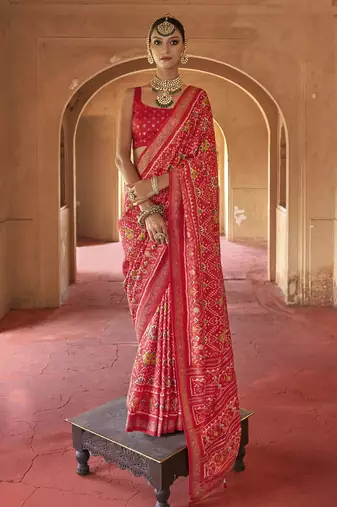 Red poly viscose silk patola printed saree with heavy dimond swarovski work border