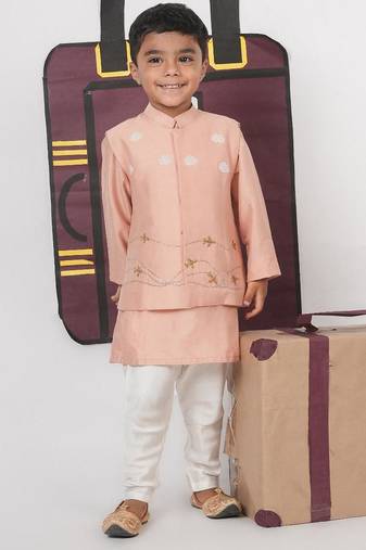 Onion pink kurta with aeroplanes/clouds hand embroidered bundi jacket with pajama set