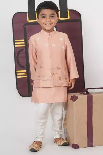 Onion pink kurta with aeroplanes/clouds hand embroidered bundi jacket with pajama set