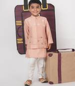 Onion pink kurta with aeroplanes/clouds hand embroidered bundi jacket with pajama set