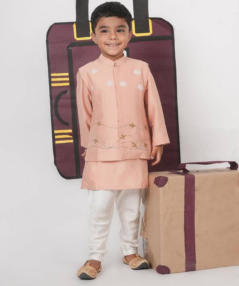 Onion pink kurta with aeroplanes/clouds hand embroidered bundi jacket with pajama set