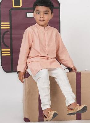 Onion pink kurta with aeroplanes/clouds hand embroidered bundi jacket with pajama set 2