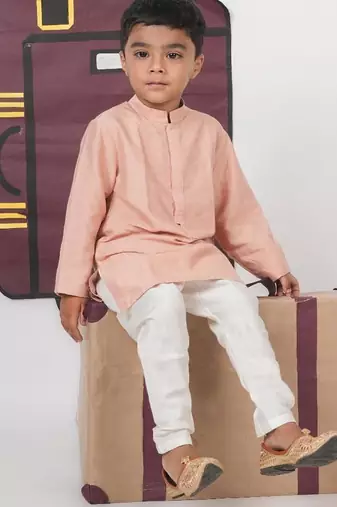 Onion pink kurta with aeroplanes/clouds hand embroidered bundi jacket with pajama set