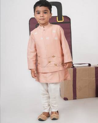 Onion pink kurta with aeroplanes/clouds hand embroidered bundi jacket with pajama set 3