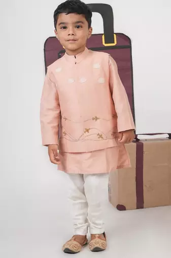 Onion pink kurta with aeroplanes/clouds hand embroidered bundi jacket with pajama set