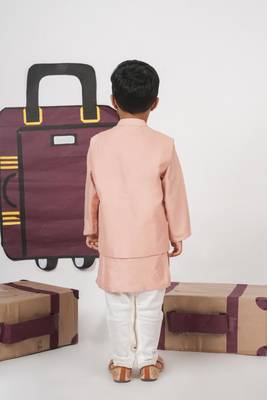 Onion pink kurta with aeroplanes/clouds hand embroidered bundi jacket with pajama set 4