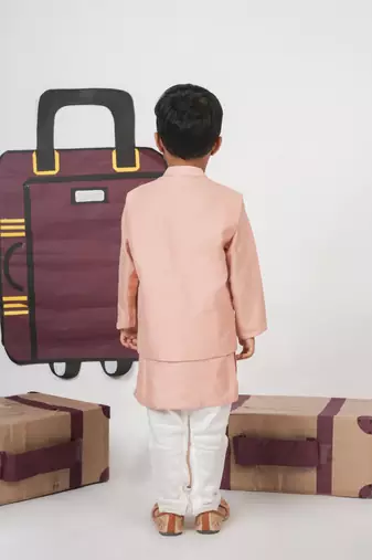 Onion pink kurta with aeroplanes/clouds hand embroidered bundi jacket with pajama set