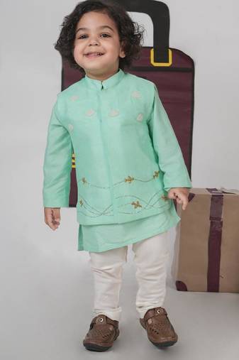 Mint green kurta with aeroplanes/clouds hand embroidered bundi jacket with pajama set