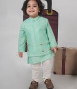 Mint green kurta with aeroplanes/clouds hand embroidered bundi jacket with pajama set