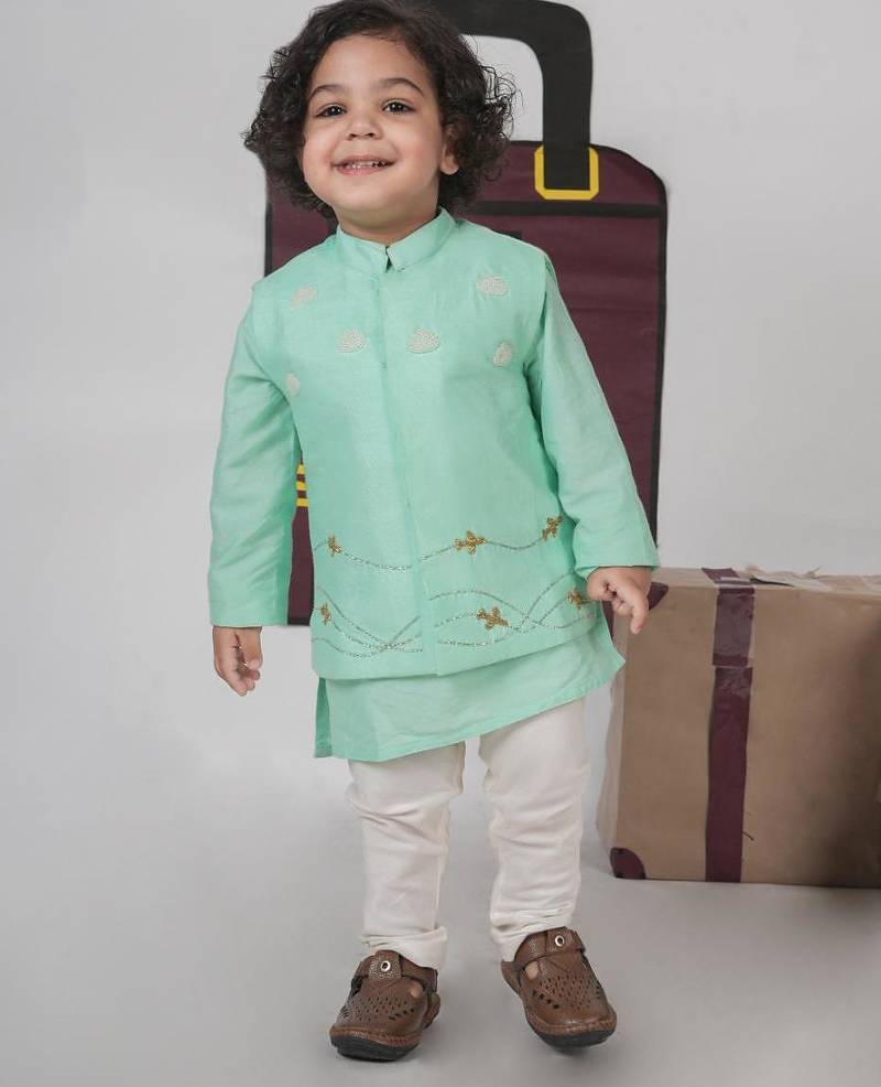 Mint green kurta with aeroplanes/clouds hand embroidered bundi jacket with pajama set