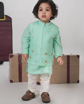 Mint green kurta with aeroplanes/clouds hand embroidered bundi jacket with pajama set 2