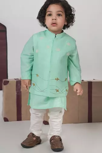 Mint green kurta with aeroplanes/clouds hand embroidered bundi jacket with pajama set