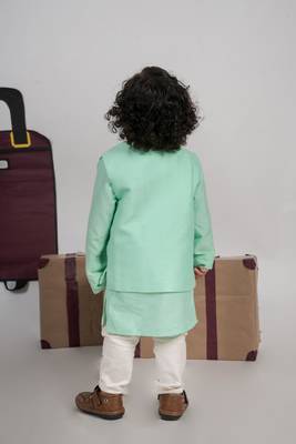 Mint green kurta with aeroplanes/clouds hand embroidered bundi jacket with pajama set 3