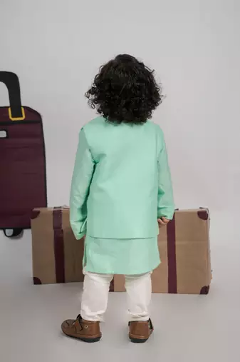Mint green kurta with aeroplanes/clouds hand embroidered bundi jacket with pajama set