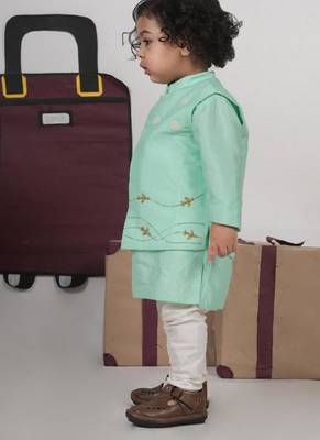 Mint green kurta with aeroplanes/clouds hand embroidered bundi jacket with pajama set 4
