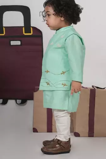 Mint green kurta with aeroplanes/clouds hand embroidered bundi jacket with pajama set