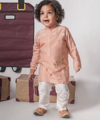 Onion pink aeroplans/clouds hand embroidery kurta with pajama set 1